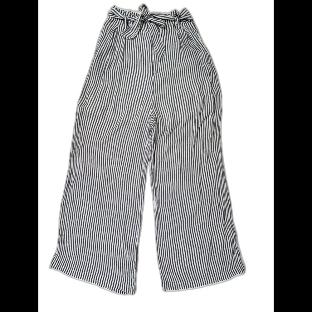 Elan Wide Leg Flowy Pinstripe Pants Wide Leg Paperbag High Tie Waist Grey Whit M
